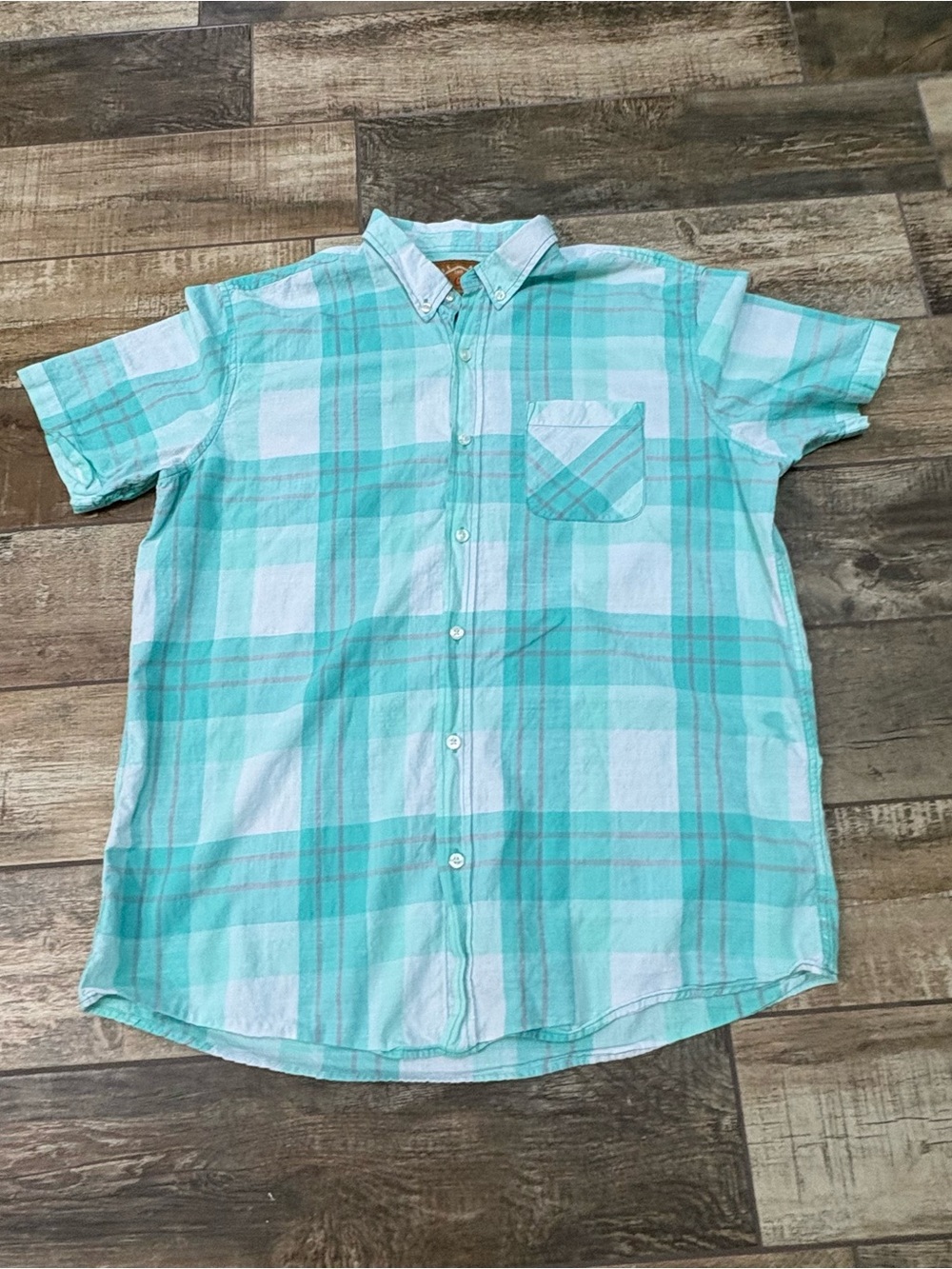 Red Camel Men's Aqua and White Plaid Short-Sleeve Button-Down Shirt